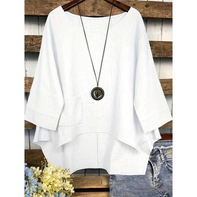 Plus Size Women's Cotton Linen Solid T-shirt with Round Neck & 3/4 Sleeves, Irregular Hem, Loose Fit.