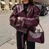 Womens Vintage Lapel PU Leather Biker Jacket Slim Fit Streetwear Wine Red
