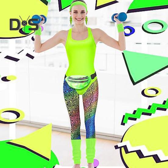 7 Teile/satz Frauen Retro Trainingsanzug 1980er Jahre Sportswear Fitness Outfit Kostüm Zubehör mit Weste Leggings Stirnband Armbänder Beinwärmer Ohrringe Gürteltasche