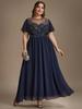 Robe Longue A-line Perles Grande Taille pour Femme Manches Volantes Robe de Soirée avec Décolleté Illusion