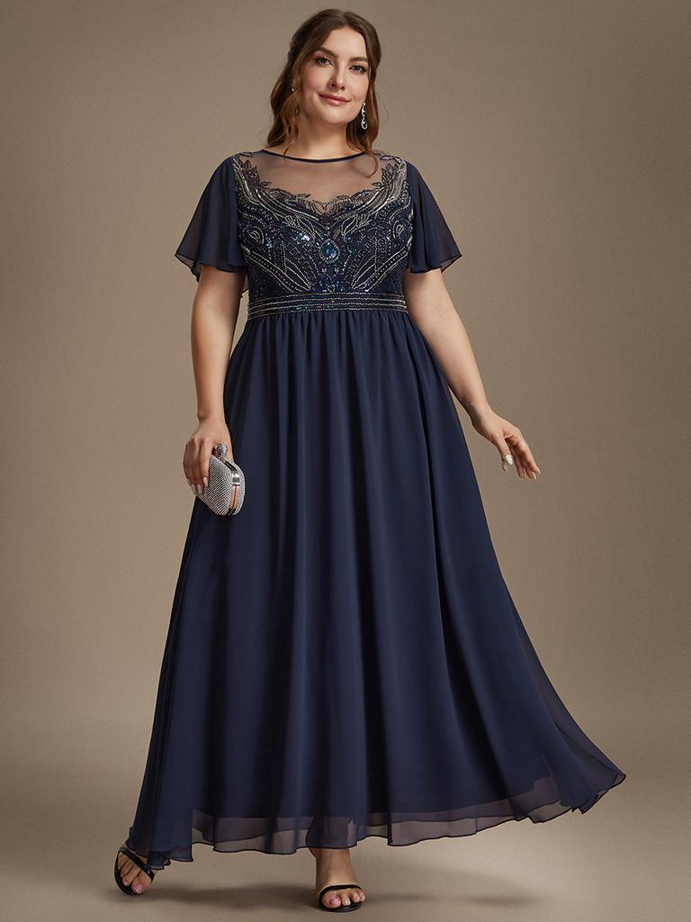 Ever-Pretty Damen Übergröße Perlenbesetztes A-Linien Maxikleid mit Fledermausärmeln Formelles Kleid mit Illusion Halsausschnitt