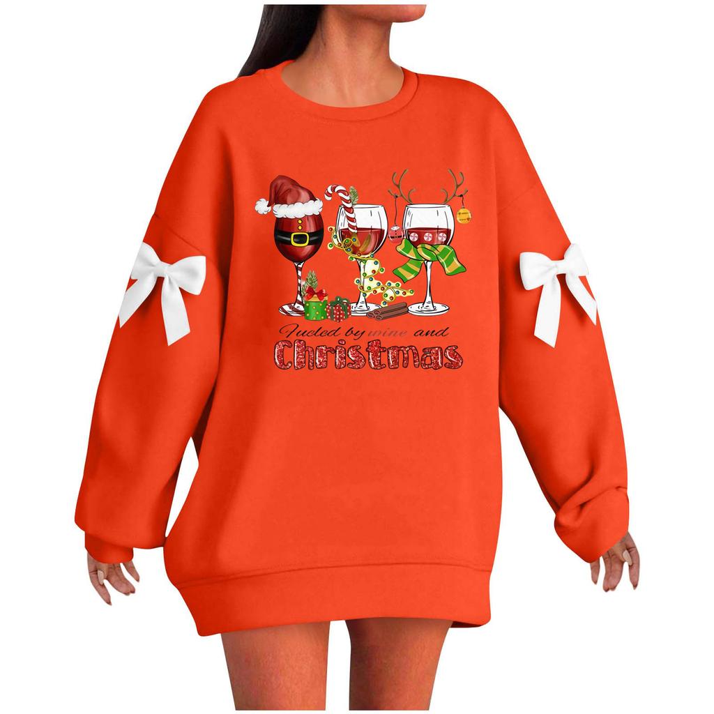 Ladies' Christmas Printed Bow Round Neck Long Sleeved Loose Pullover Sweater Sweatshirt Top