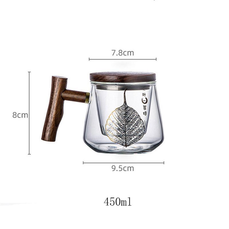 Szklany kubek do herbaty Zen Liść Bodhi 400 ml, złocony, z zaparzaczem i drewnianą rączką pokrywki, kubek do herbaty kwiatowej do biura, do oddzielania herbaty