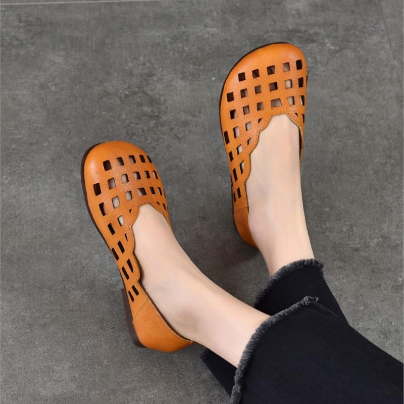 Johnature Genuine Leather Slip-on Shoes Hollow Out Breathable Soft Bottom Women's Flat Sandals