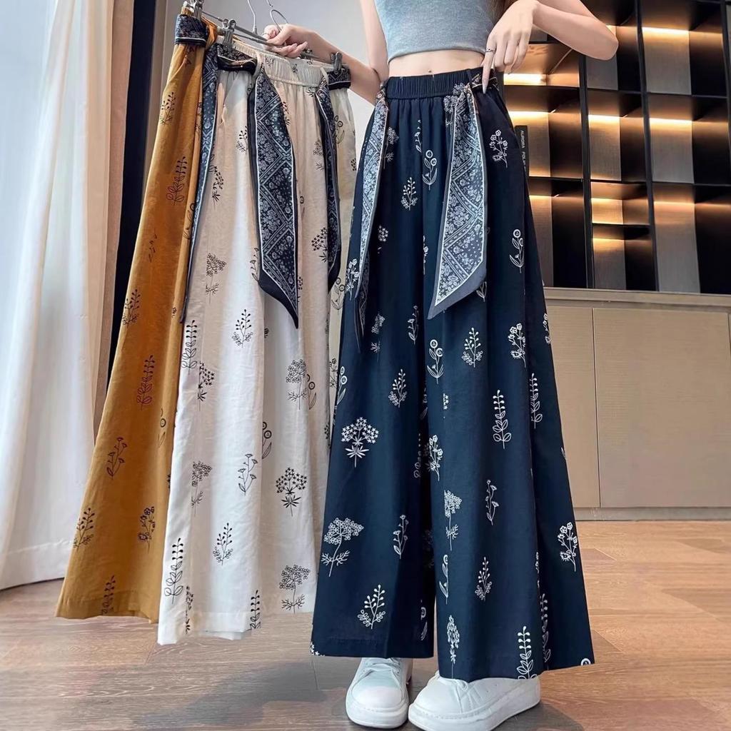 Women's Summer Ice Silk Printed Wide-Leg Pants with Elastic Waist