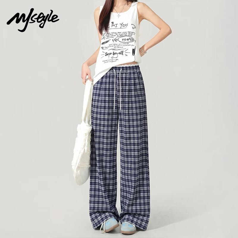 MJ STYLE Spliced Plaid Wide-Leg Pants L
