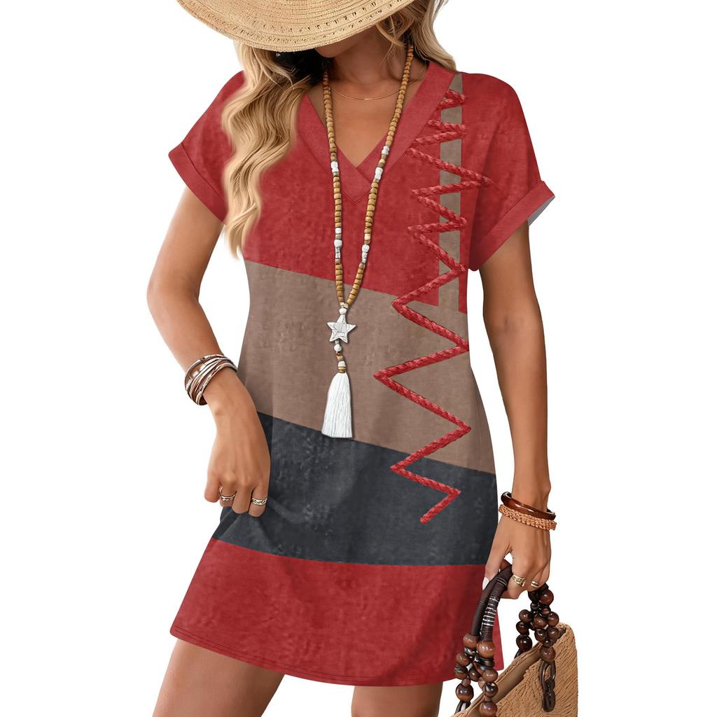 Vestito casual da donna con stampa alla moda, scollo a V, maniche corte, tasca, pullover