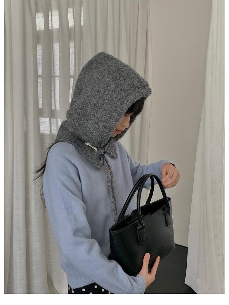 Women's Blue Knitted Wool Balaclava Scarf: Warm Ear Protection for Autumn & Winter