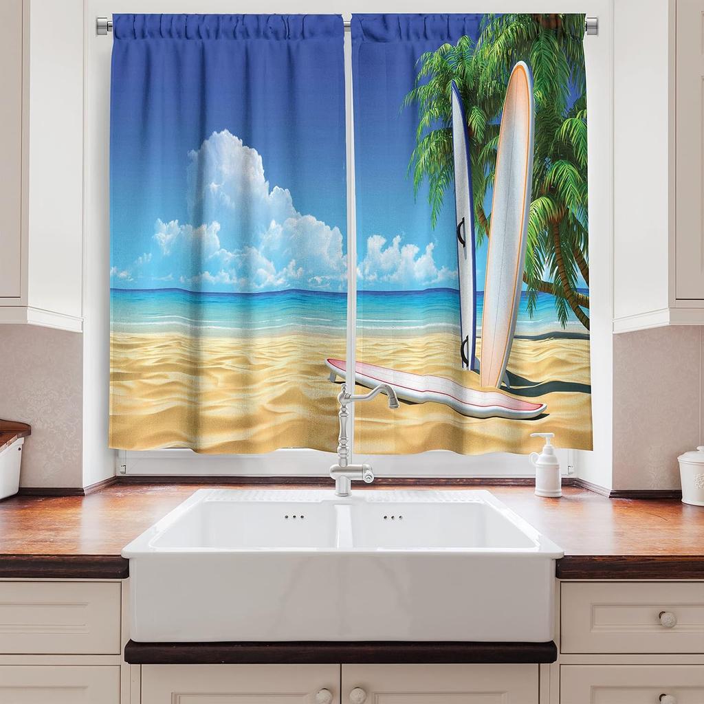 Tropical Beach Scene Curtains Blue Ocean Sky Surfboard Palm Tree Window Drapes Coastal Summer Vacation Prints Home Decor
