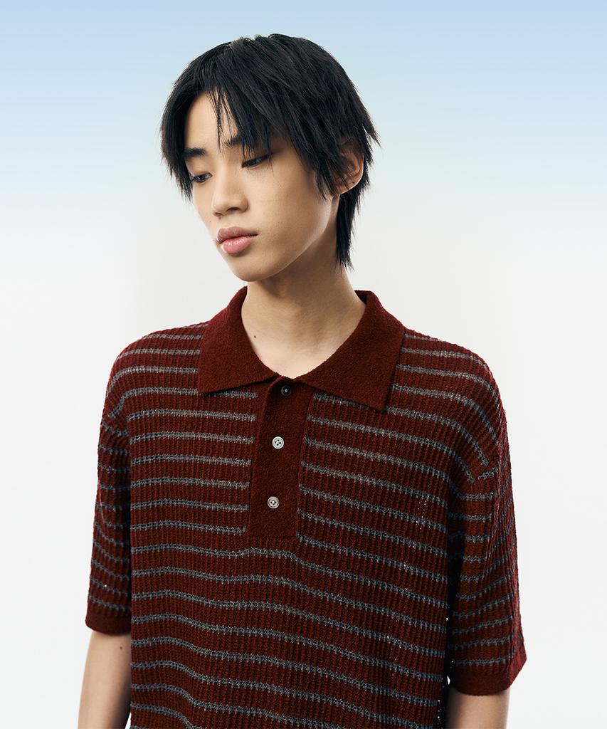 INTEMPOMOOD Honeybee Stripe Collar Knitwear_Wine