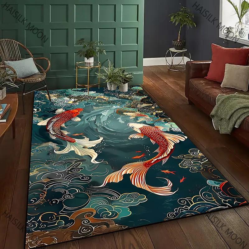 3D National Trend Koi Carp Playing Cloud Carpet Living Room Rug Room Decor Summer Indoor Floor Mat Color Office Multi-scene Rug