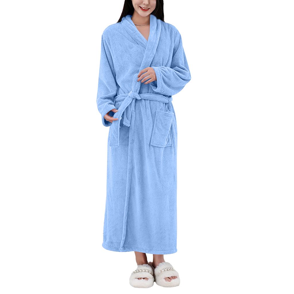 Women's Solid Color Long Sleeve Winter Warm Bathrobe Home Wear Plush Pajamas Nightgown