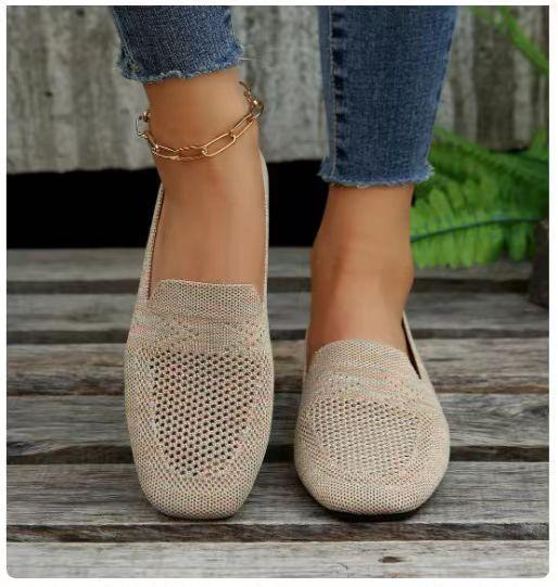 Fashion Flat bottomed shallow mouth casual shoes solid color square toe women's soft sole knitted casual simple comfortable single shoes