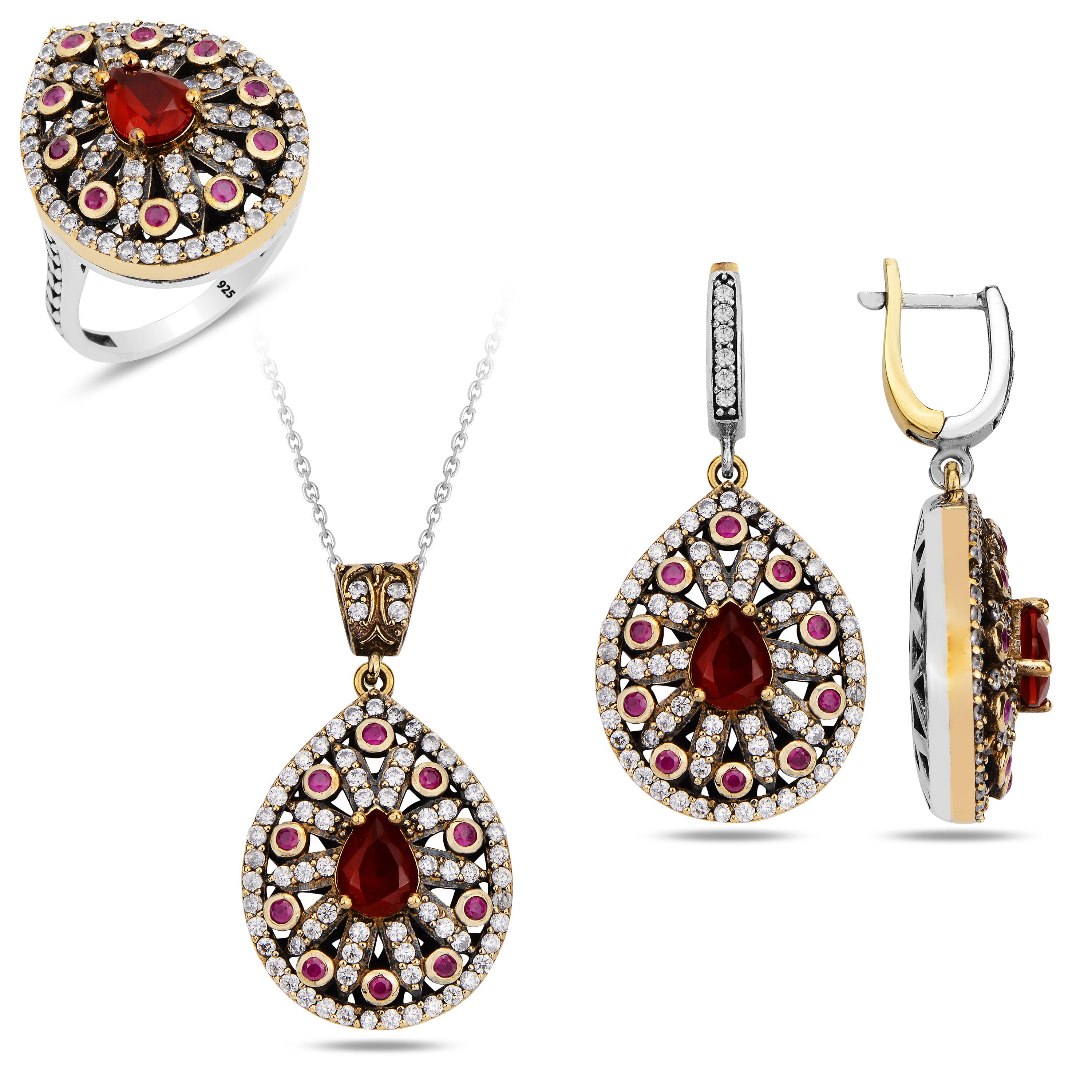 

Елегантний набір срібних прикрас із камінням рубіном, сережки в османському стилі на повсякденний одяг, каблучка та намисто, унікальні турецькі прикраси в подарунок для жінок 4 срібний