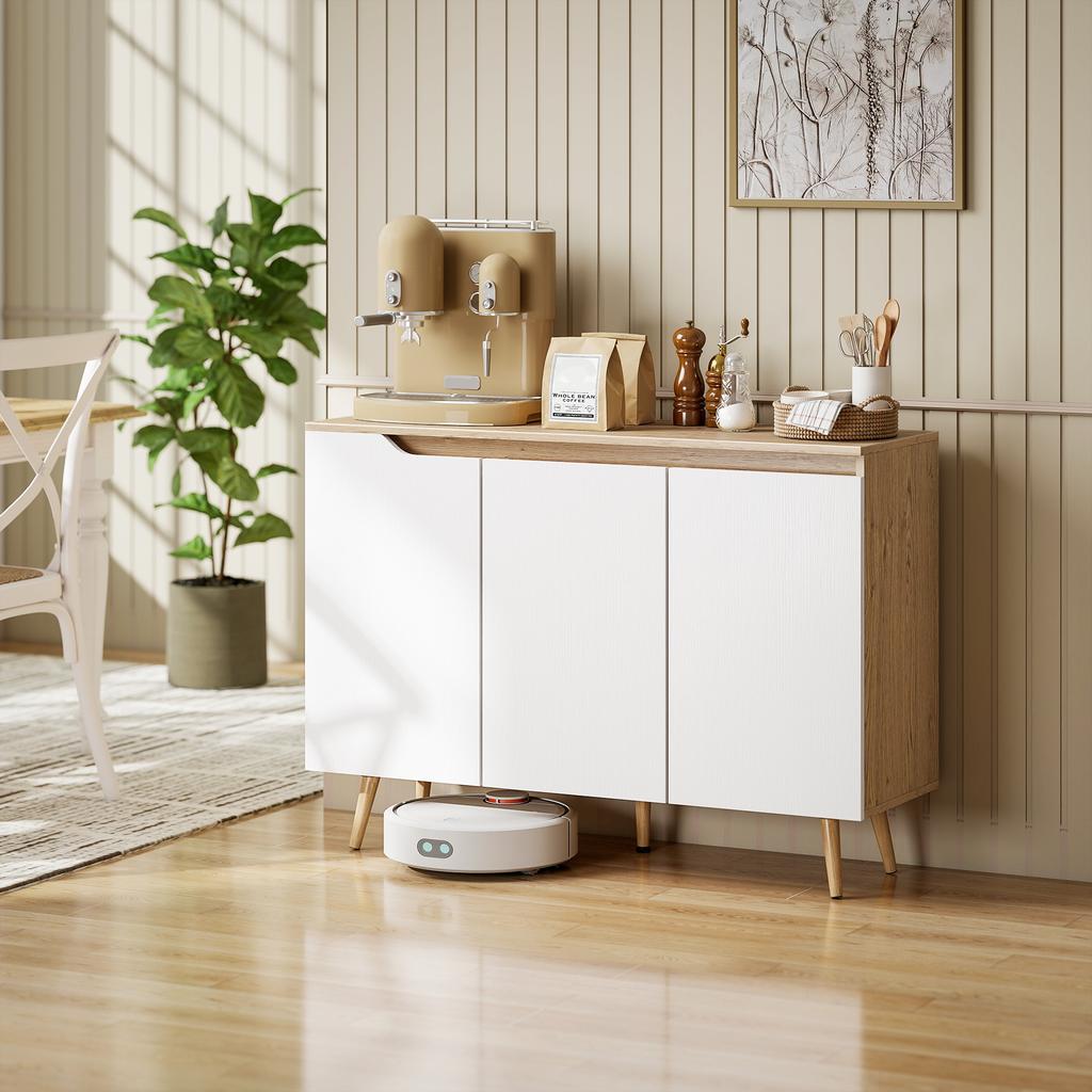 Sideboard Storage Cabinet, Kitchen Cupboard with 3 Doors, 2 Adjustable Shelves and 5 Rubberwood Legs, White and Oak