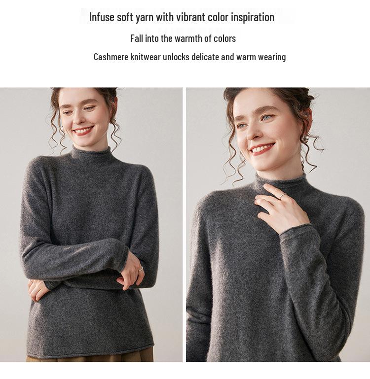 Ribbed Cashmere Half-High Neck Sweater - Women's Autumn/Winter Fashion Loose Knit Pullover