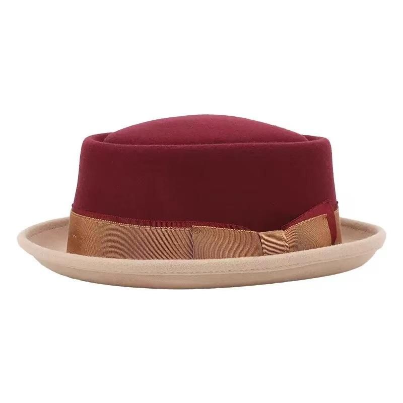 Autumn and Winter Vintage Premium Wool Felt Pork Pie Hat for Men Women Short Brim Elegant Ribbon Bow Dress Fedora Hat Unisex
