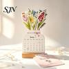 Monthly Planner For 2027 Flower Desk Calendar, English Tabletop Calendar with Wooden Base, Floral & Cat Decorative for Office Home Desktop Cute