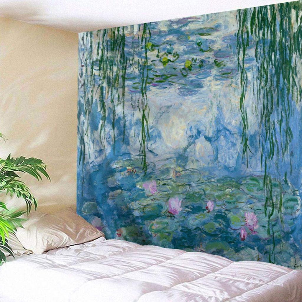 VIKAMA Monet Water Lilies Oil Painting Tapestry Impressionist Art Style Wall Hanging for Living Room Study Homestay Decor