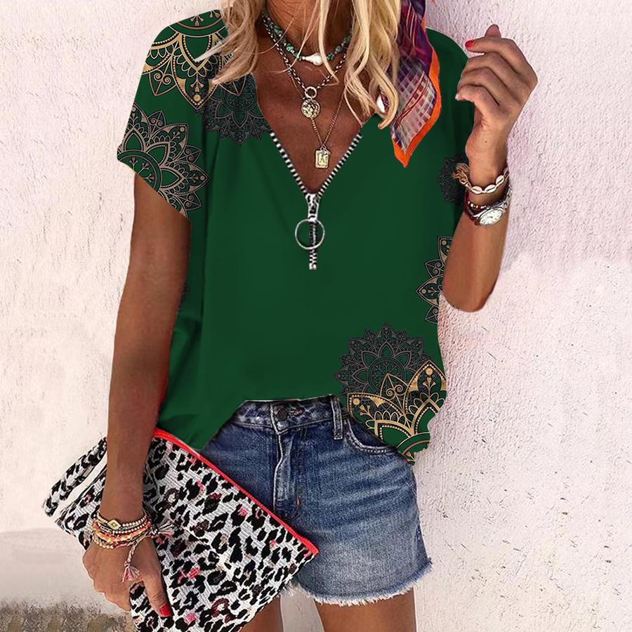 Women's Top Summer New Fashion Rose Flower Sunflower Pattern Printed Casual Zipper V-neck Short Sleeve Top