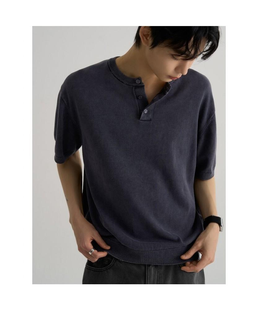 8SECONDS Garment-Dyed Henley Neck Knit Pullover Blue