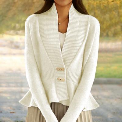 Damen Herbst und Winter Einfarbig Retro Strickjacke V-Ausschnitt Rüschensaum Pulloverjacke