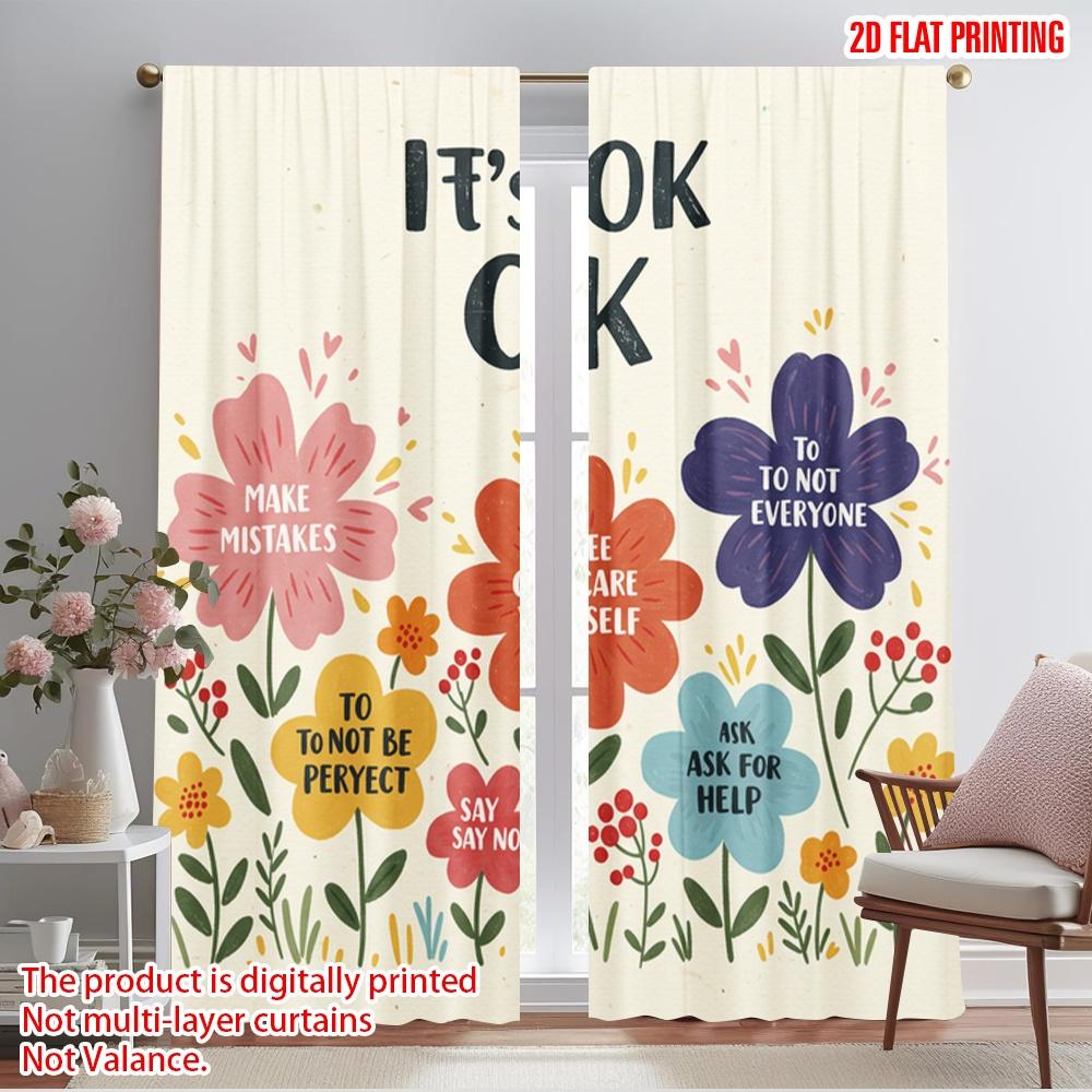 

2pcs 2D flat printing Curtain It s OK Flowers Positive 100% Polyester Fabric Without Electricity Party Decorations for Indoor 52.50×116.00 CM 2pcs