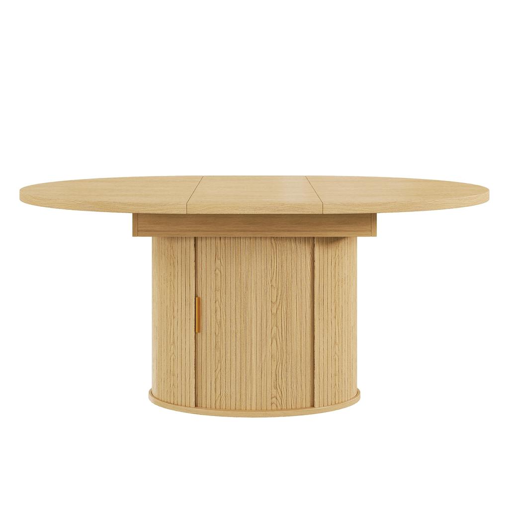 Tavolo da pranzo rotondo estensibile, tavolo da pranzo allungabile per 4-6 persone, con spazio contenitore, ante scorrevoli e 2 ampi scomparti, 120–160×120×75 cm