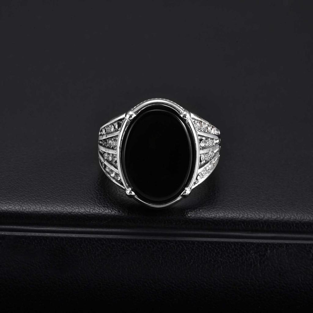 Vintage Geometric Natural Stone Rings for Men Black Oval Onyx Stainless Steel Ring Textured Signet Fashion Punk Jewelry Gift