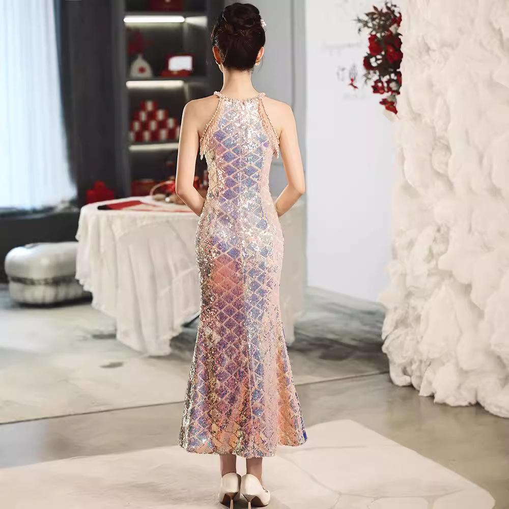 Light Luxury Niche Style Engagement Evening Dress Female Fish Tail Toast Dress Bride Dress Sequins French Summer