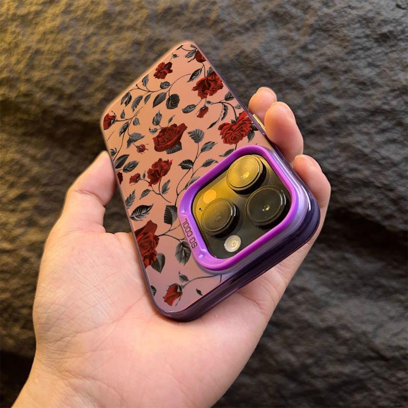 Retro Fashion Red Rose Matte Laser Phone Case For iPhone 11 12 13 14 15 16 Pro Max XS X XR 7 8 Plus SE Shockproof Armour Cover