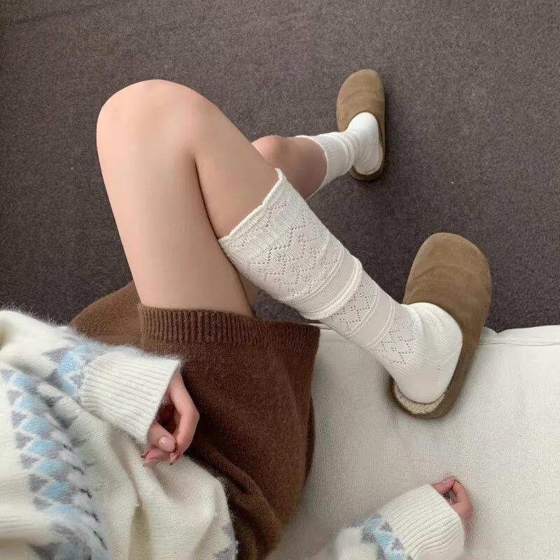 White Lace Wool Calf Socks Women'S Autumn And Winter New Hollow Ballet Style Thin Pile Stockings With Long Boots
