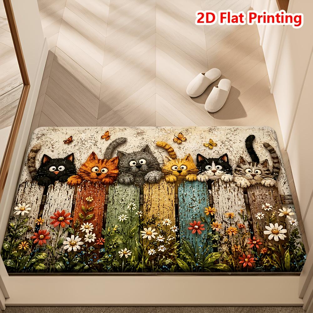 2D Flat Cute Cat Printed Faux Cashmere Bath Mat Absorbent Entrance Door Mat Non Slip Bathroom Rug