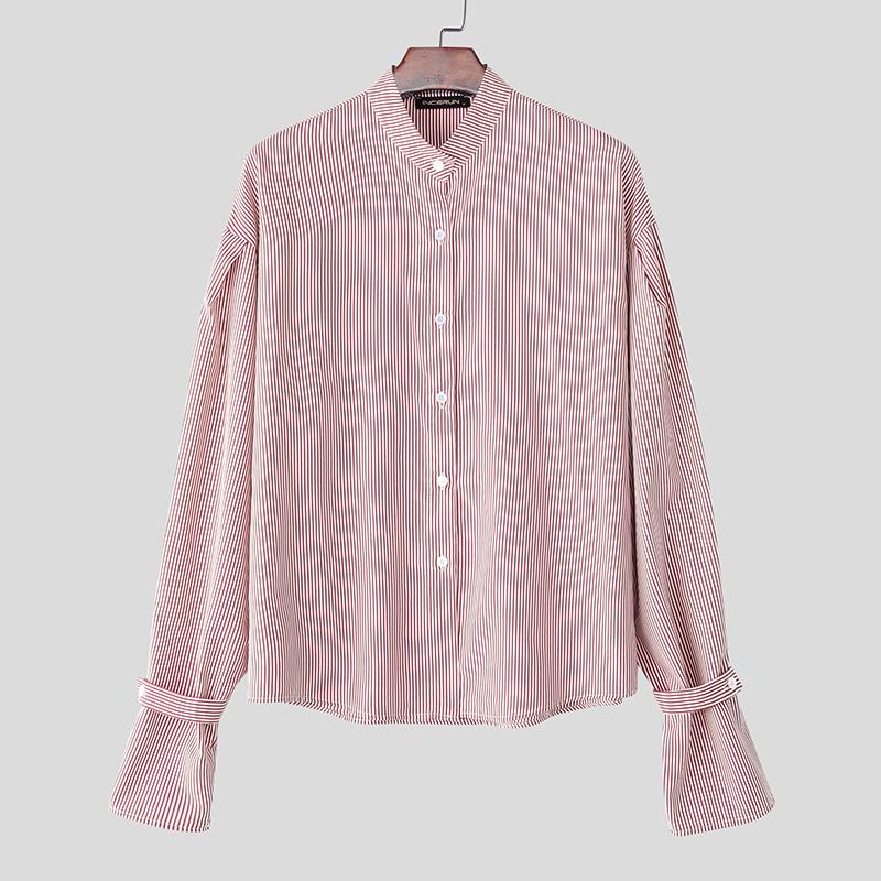 INCERUN Oversized Men Casual Loose Long Sleeve Striped Print Buttons Shirts Tops