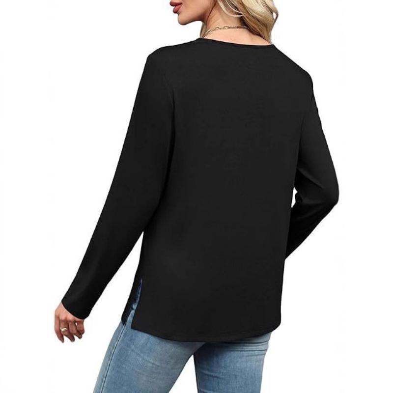 Spring and Autumn Women's Clothes European and American Slit V-neck Long Sleeve T-shirt Fashion Leopard Print Loose Top