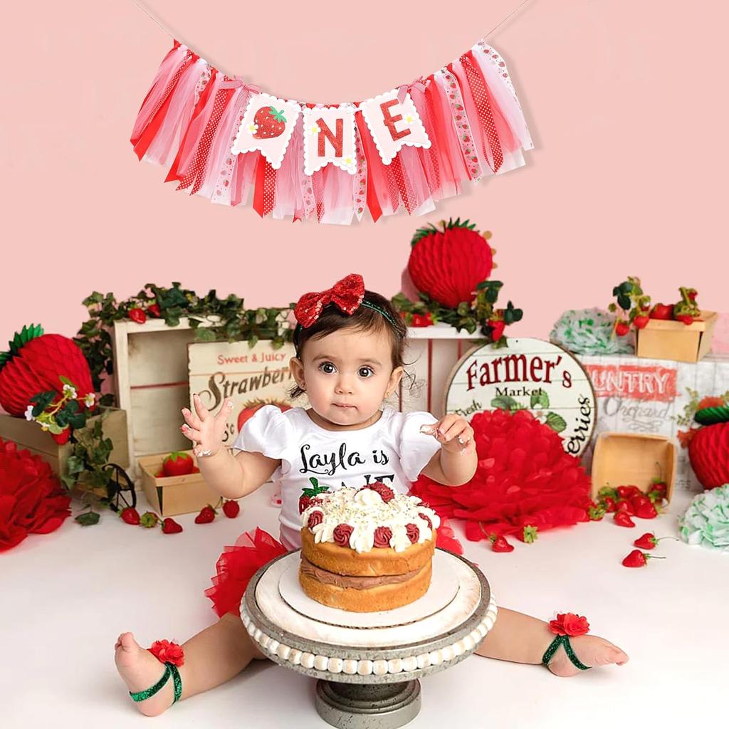 Strawberry One High Chair Banner - Strawberry 1st Party Decoration,Berry First High Chair Garland,Highchair Banner 1st Birthday Girl