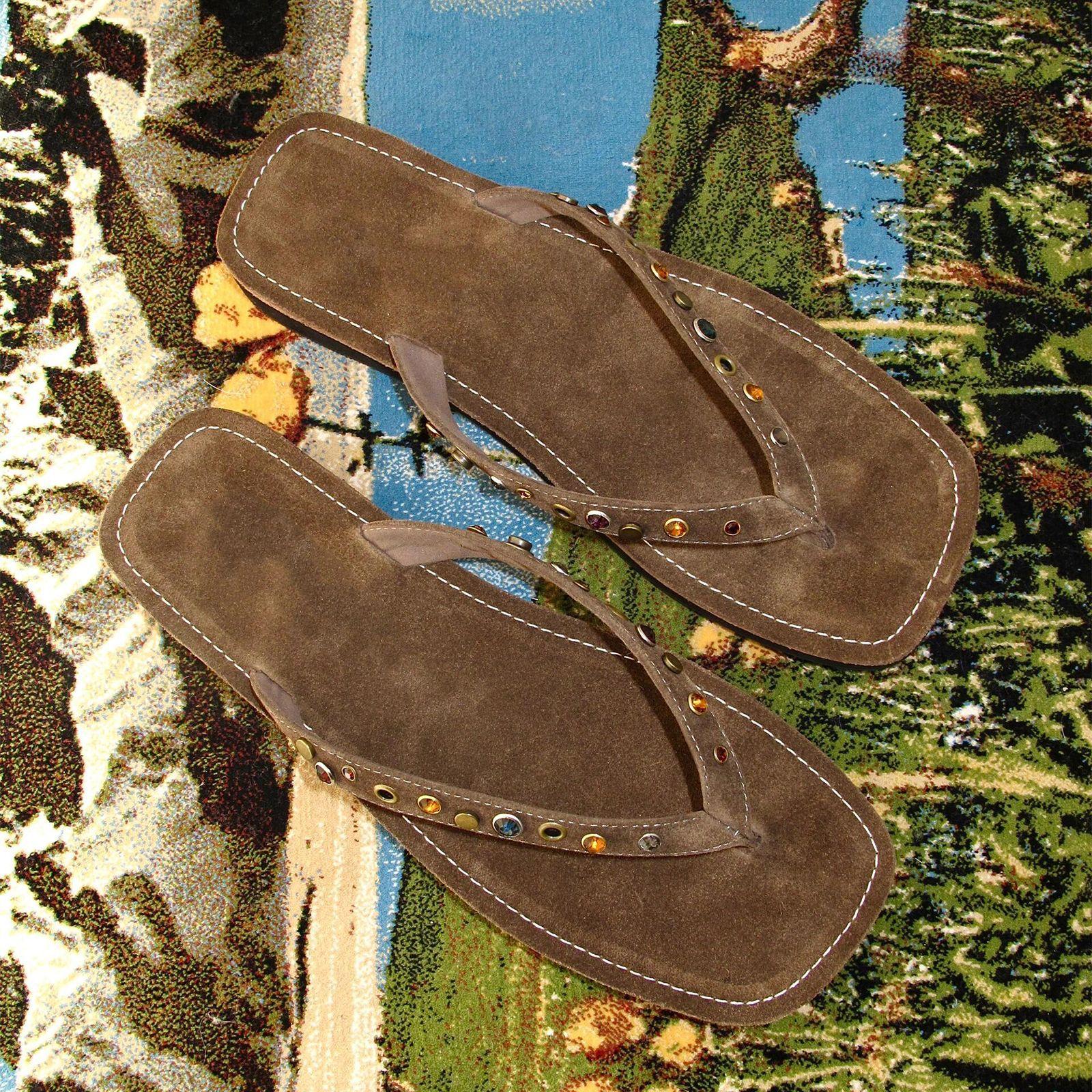 

Cowhide version~ niche retro matte leather rhinestone clip feet thick-soled flip-flops women wear beach flat-bottomed cool slippers 40