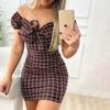 Off Shoulder Dress Bodycon Plaid Sexy Strapless Sheath for Parties Mini