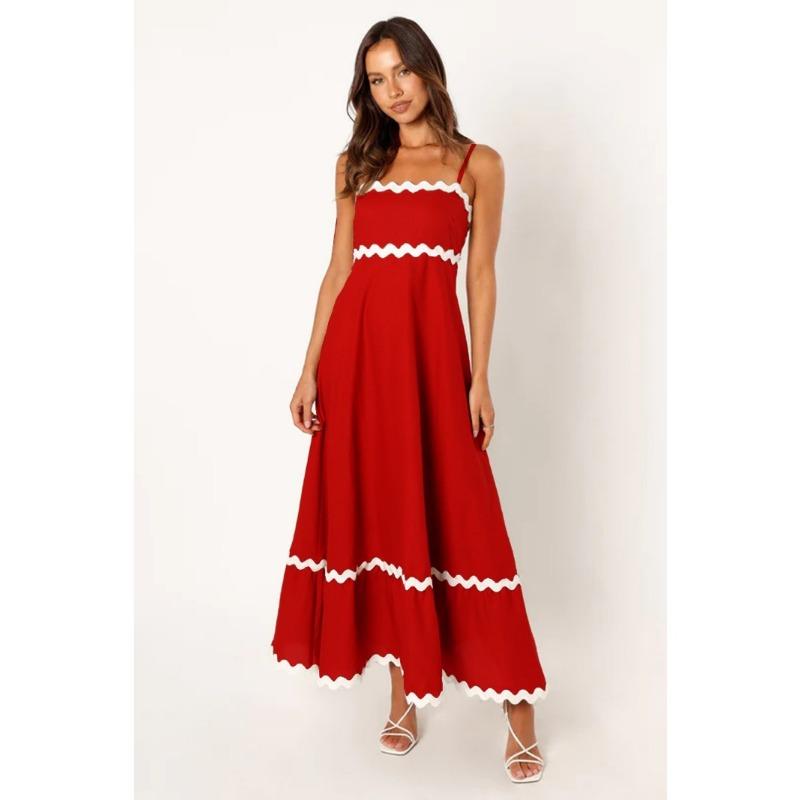

Однотонне мереживне максі-сукня без бретелей на підтяжках M червоний