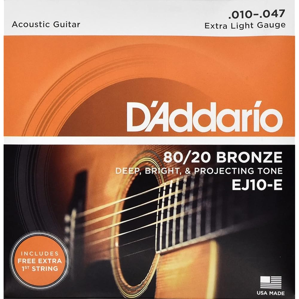 D Addario Acoustic Guitar Strings 80/20 Bronze Extra Light .010-.047 EJ10-E (Includes E string (1st string) + 1 extra string) [Domestic Genuine Produc