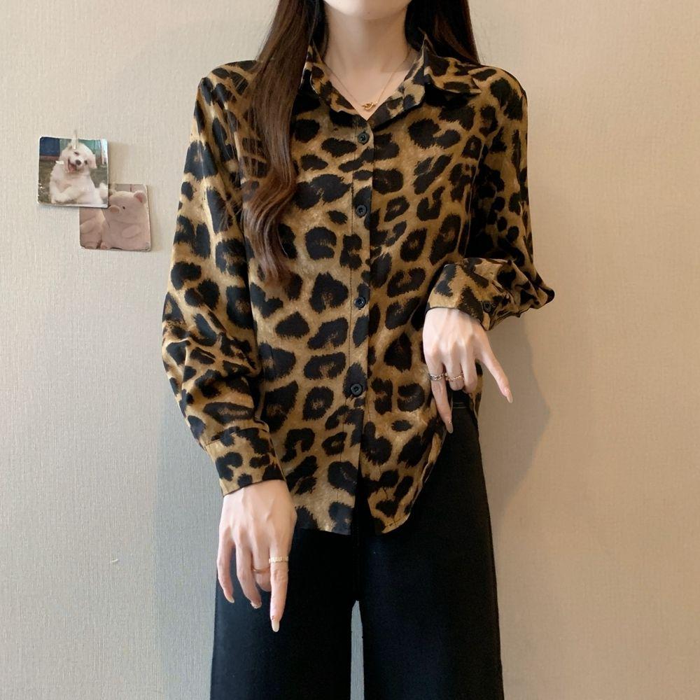 Damen Retro Leopardenmuster Langarm Revershemd