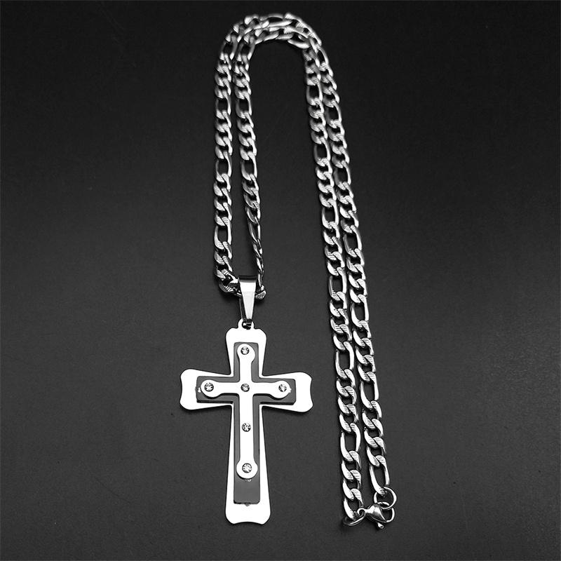 Stainless Steel Rhinestones Christian Cross Jesus Pendant Necklace for Women Men Silver Color Religion Necklaces Jewelry Gift
