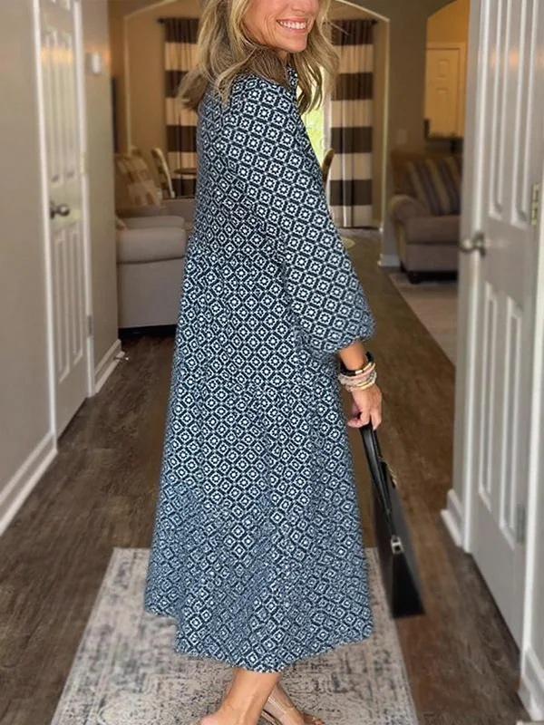 European V-Neck Nine-Sleeve Diamond Print Dress - 2025 Hot Trend