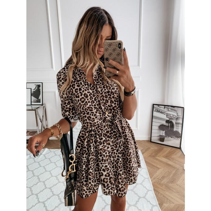 JKASHDK Women s Fashion Summer Spring Leopard Print 1/2 Sleeves POLO Neck High Waist Casual Dresses S