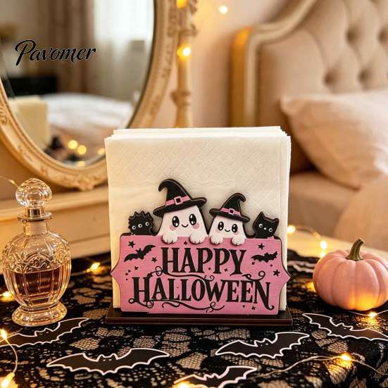 Unique Holiday Kitchen Decor Happy Halloween Wooden Napkin Holder, Cute Ghost Pumpkin Black Cat Tissue Holder for Paper Dispenser, Vertical