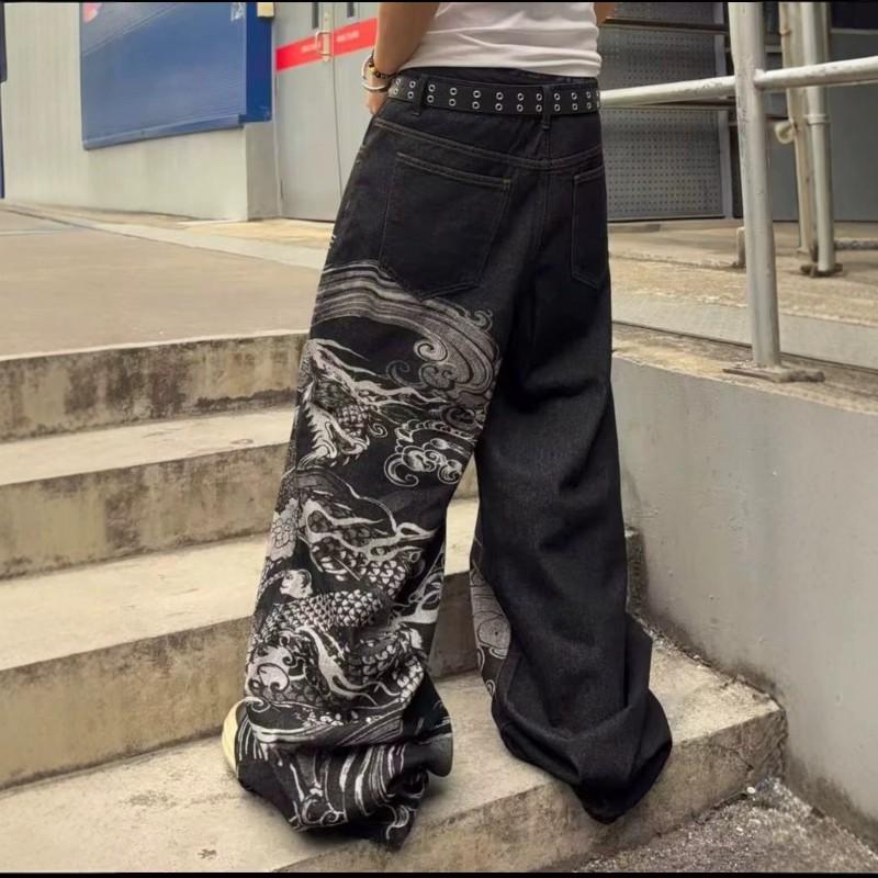 Dżinsy Jeansowe z Wysokim Stanem o Prostym Kroju z Nadrukiem Smoka Streetwear Codzienne Spodnie Męskie