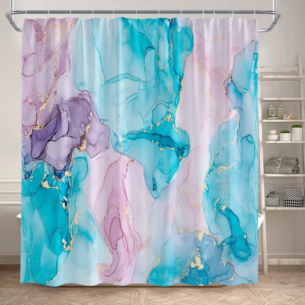 Marble Shower Curtain Set Creative Watercolor Ink Art Geometric Modern Bathroom Decor Floor Rug Bath Mats Toilet Lid Cover