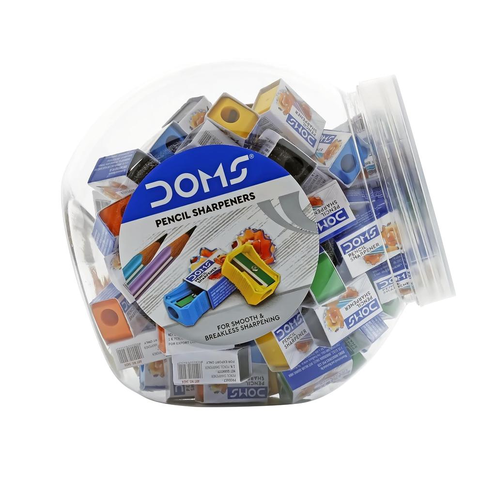 DOMS Pencil Sharpener Jar Pack Multicolour 100 Pieces with Free 20 Erasers for School Office Stationery Use Essentials