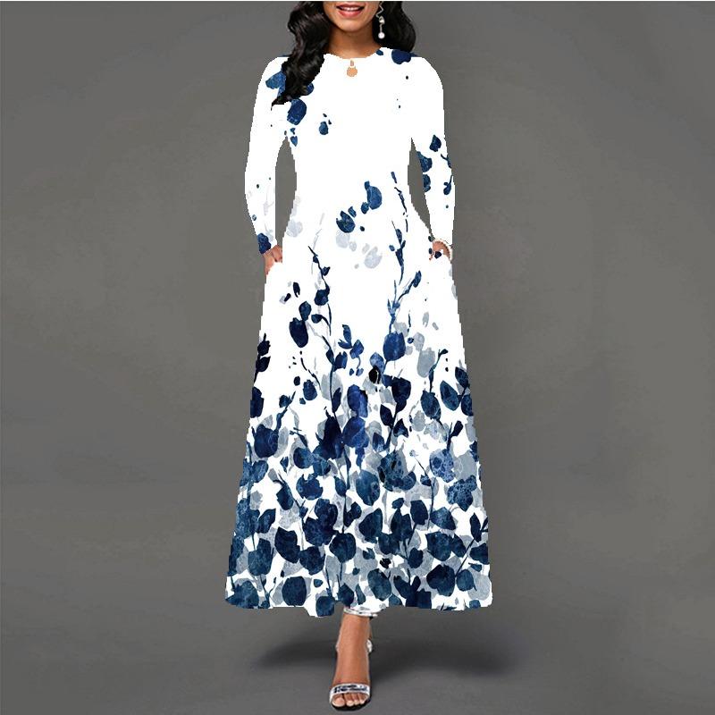 Women's large-size dress digital printing long-sleeved pendulum D temperament elegant