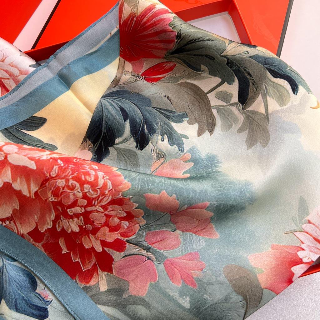 New Chinese Style National Wind Finch On The Branches 100% Mulberry Silk Silk Scarf Silk Cheongsam Shawl Scarf High-End Souvenir